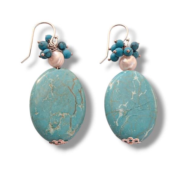 Artisan Jewelry - Artisan Turquoise Pearl Stone 925 Sterling Silver Drop Earrings New Stamped